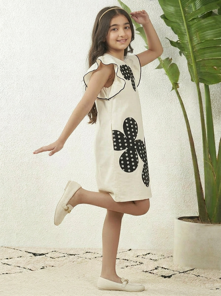 Girls' Cotton Off-White Dress with Polka Dot Floral Print, Ruffle Sleeves, Casual Wear