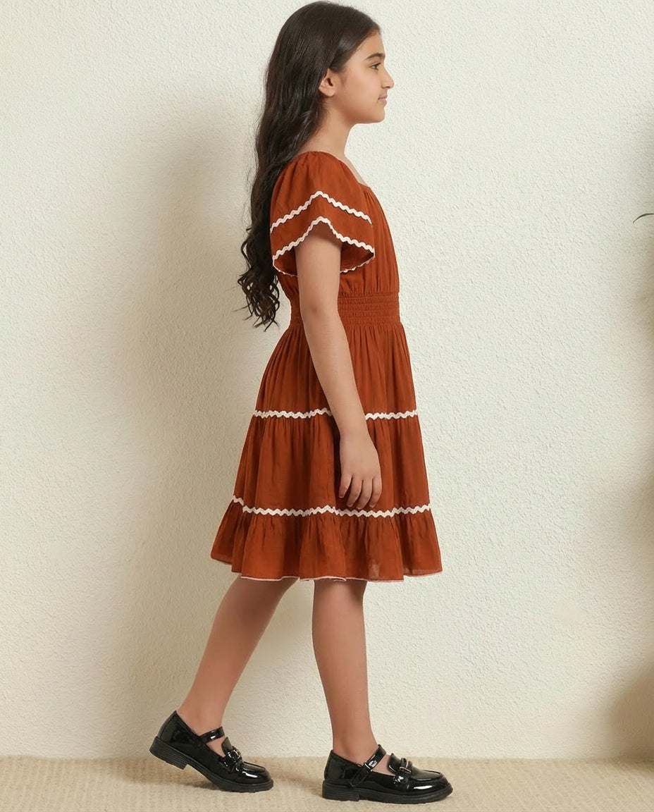 Tan Tiered Dress For Kids