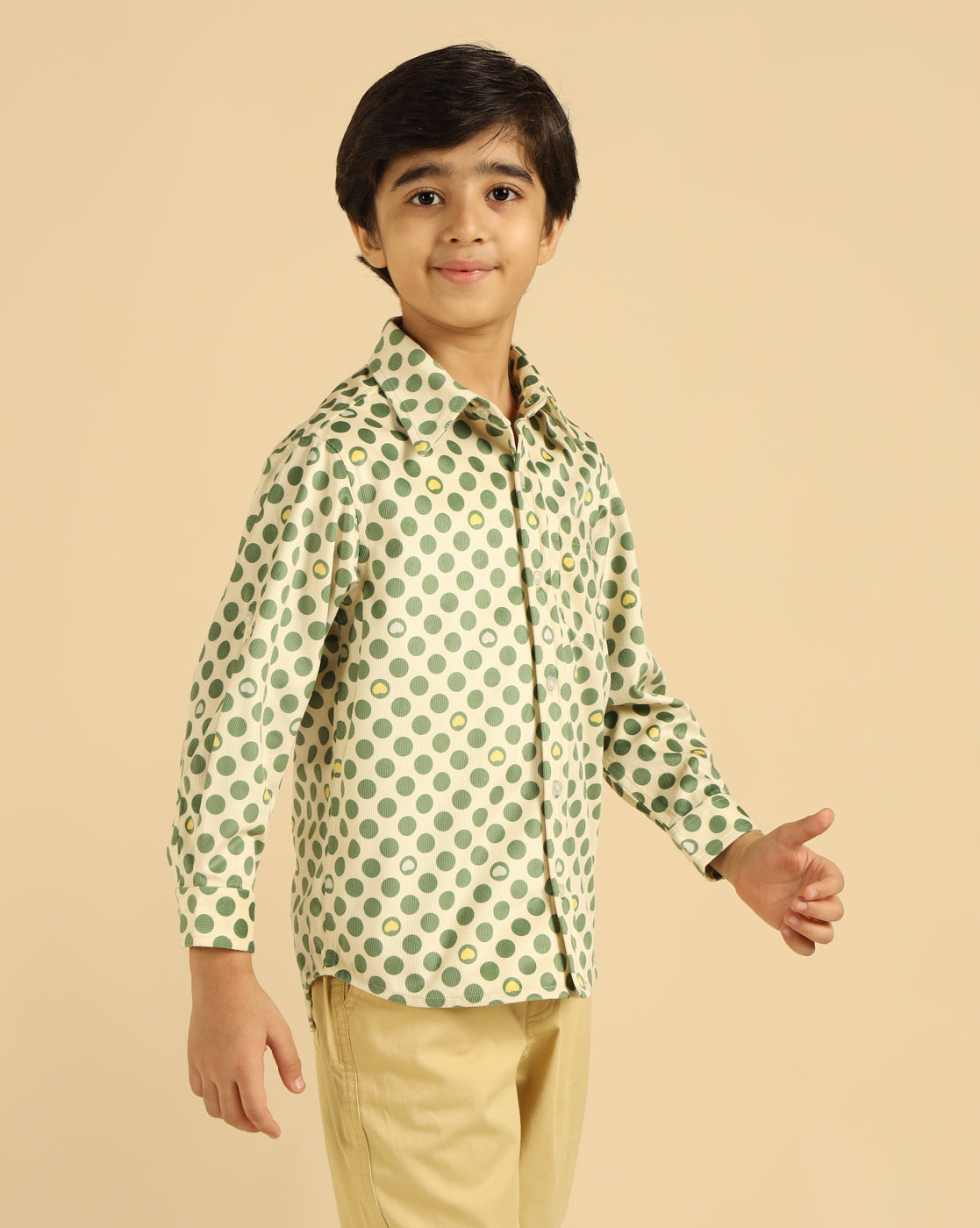 Green Pure Cotton Corduroy Polka Boys Shirt