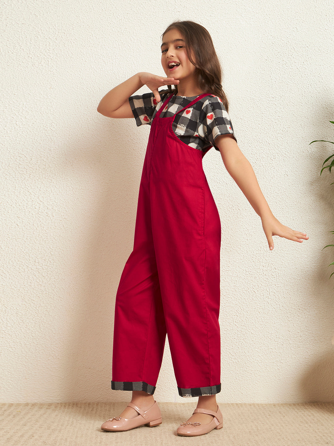 Red Cotton Poplin Heart Print Check With Solid Pattern Girl's Jumpsuit Set