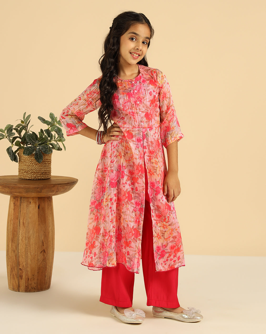 Magenta Floral Indo Western Girls Co-Ord Set