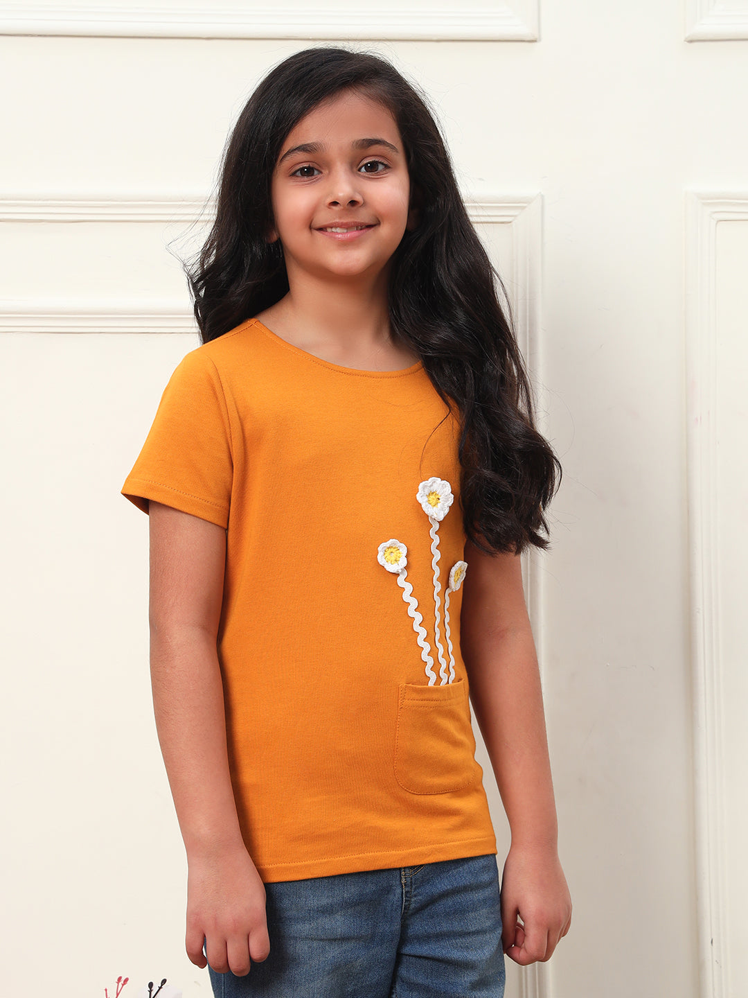 Flower Patch Solid T-Shirt For Girls