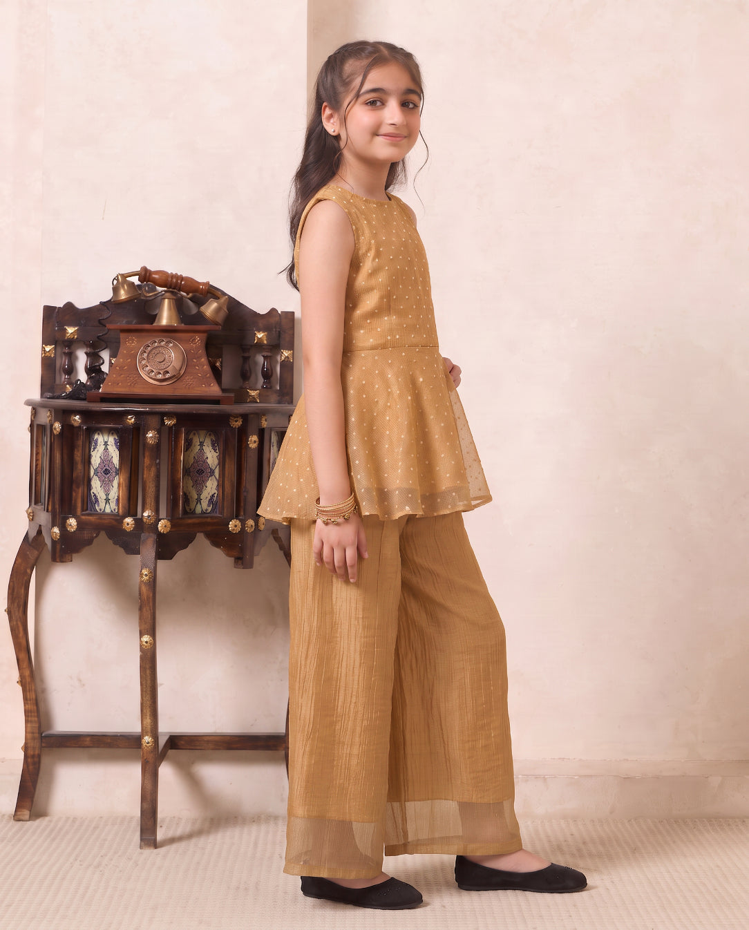 Girl's Golden Solid Shimmer Butta Peplum Top & Palazzo Set
