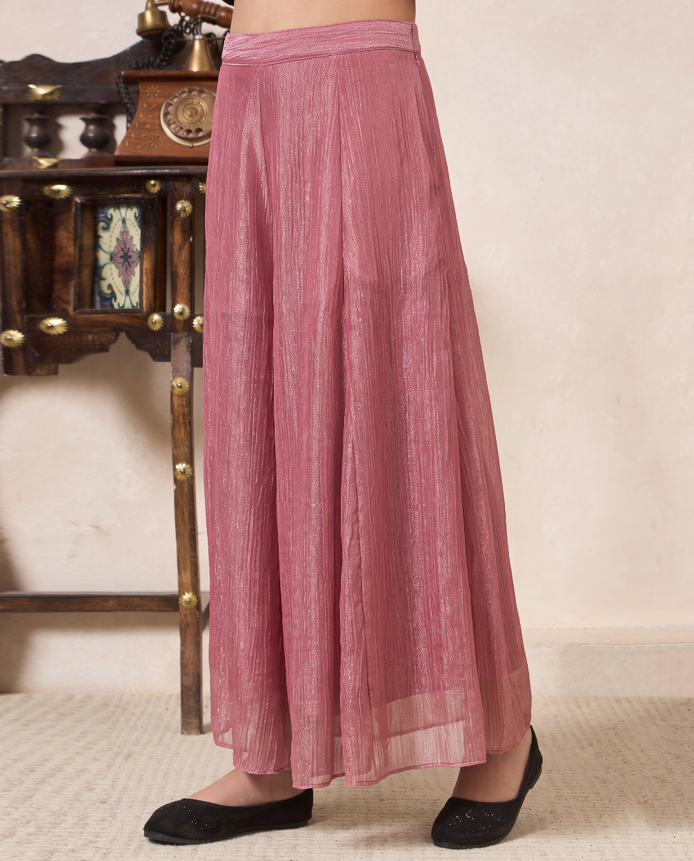 Girl's Solid Pink Shimmer Butta Peplum Top & Palazzo Set