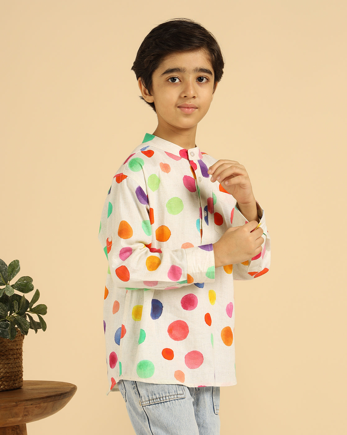 Pure Cotton Multi Color Polka Printed Boys Kurta