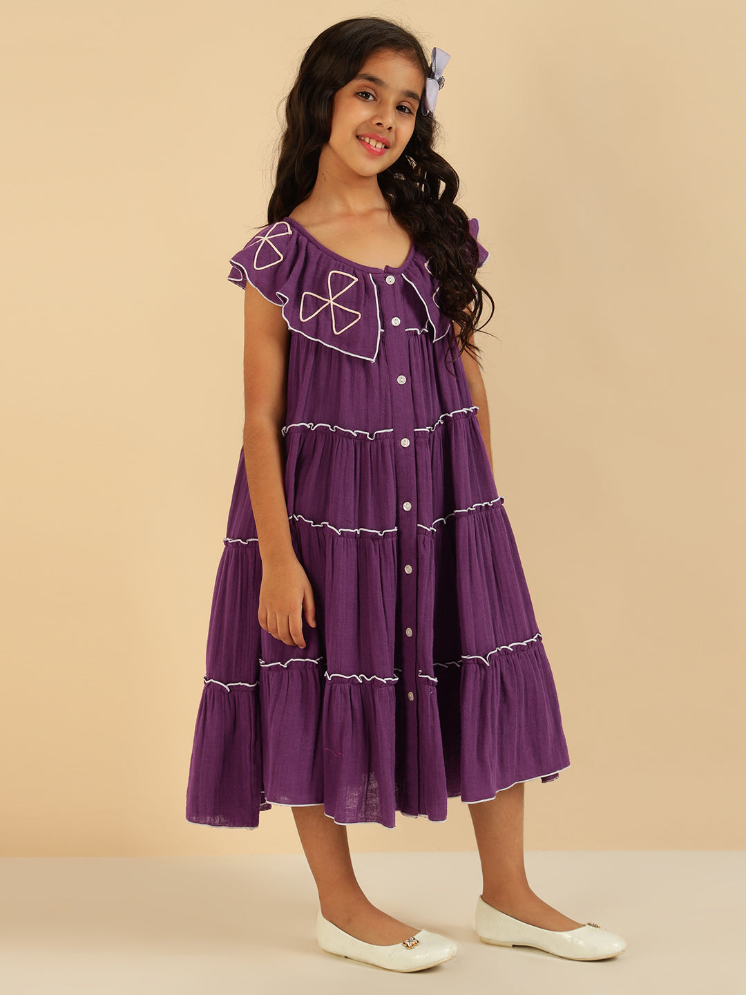 Purple Embroidered Tiered Girls Dress