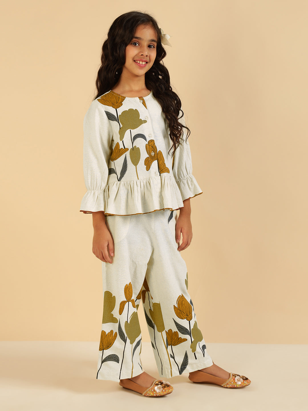 Self Printed Peplum Shirt With Pant Girls Co-Ord Set