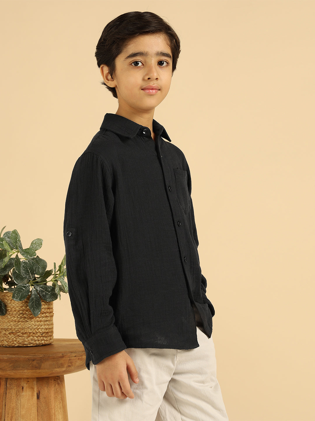 Black Pure Cotton Solid Boys Shirt