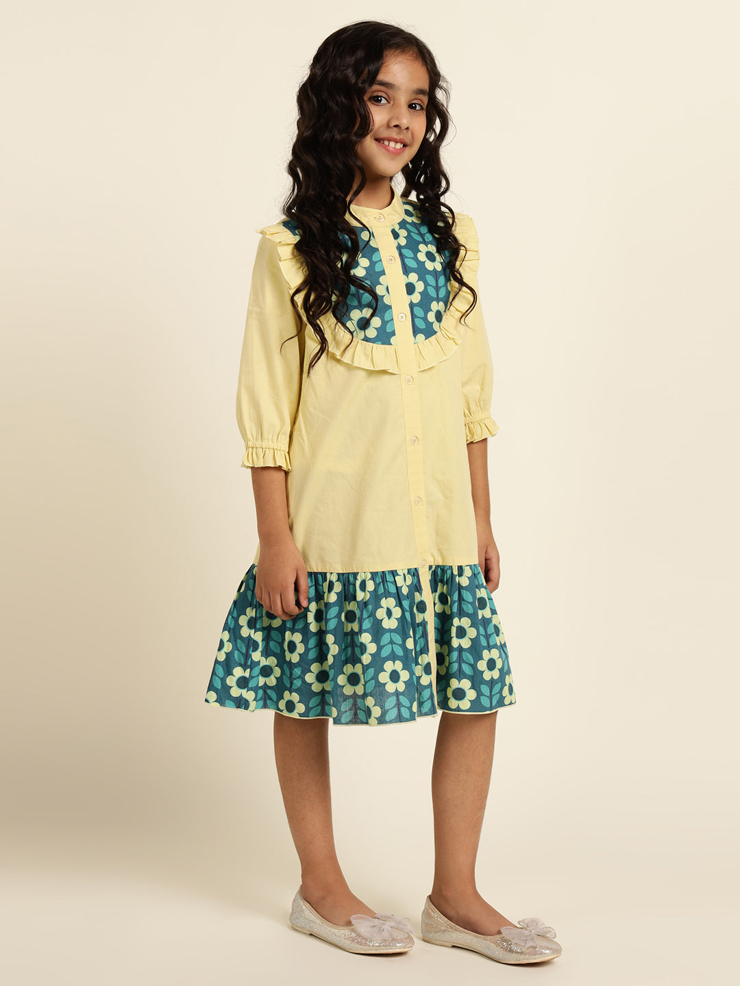 Pure Cotton Floral Printed Girls Tiered Shirt Dress