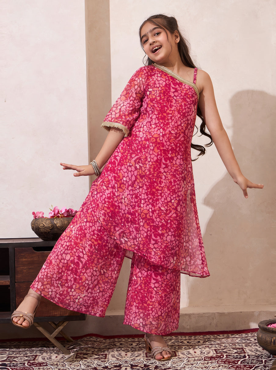 Pink Polka Chiffon One Shoulder Kurta With Palazzo