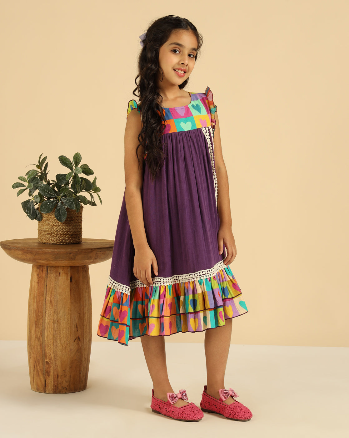 Multi-Color Heart Printed Tiered Girls Dress