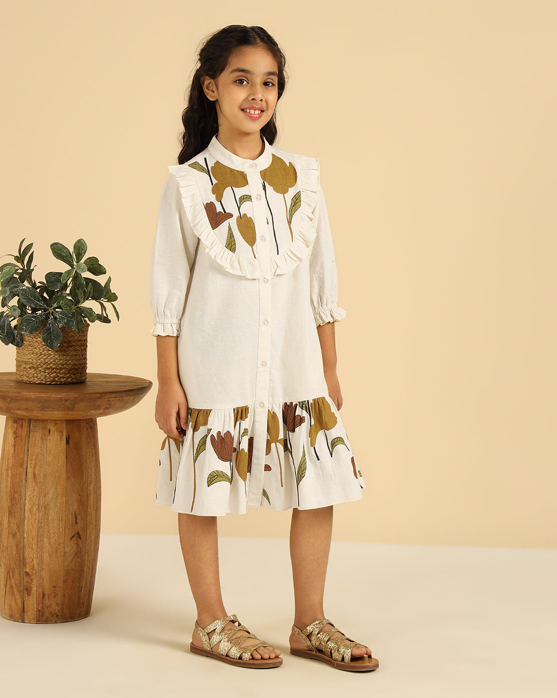 Off White Pure Cotton Floral Printed Girls Tiered Shirt Dress