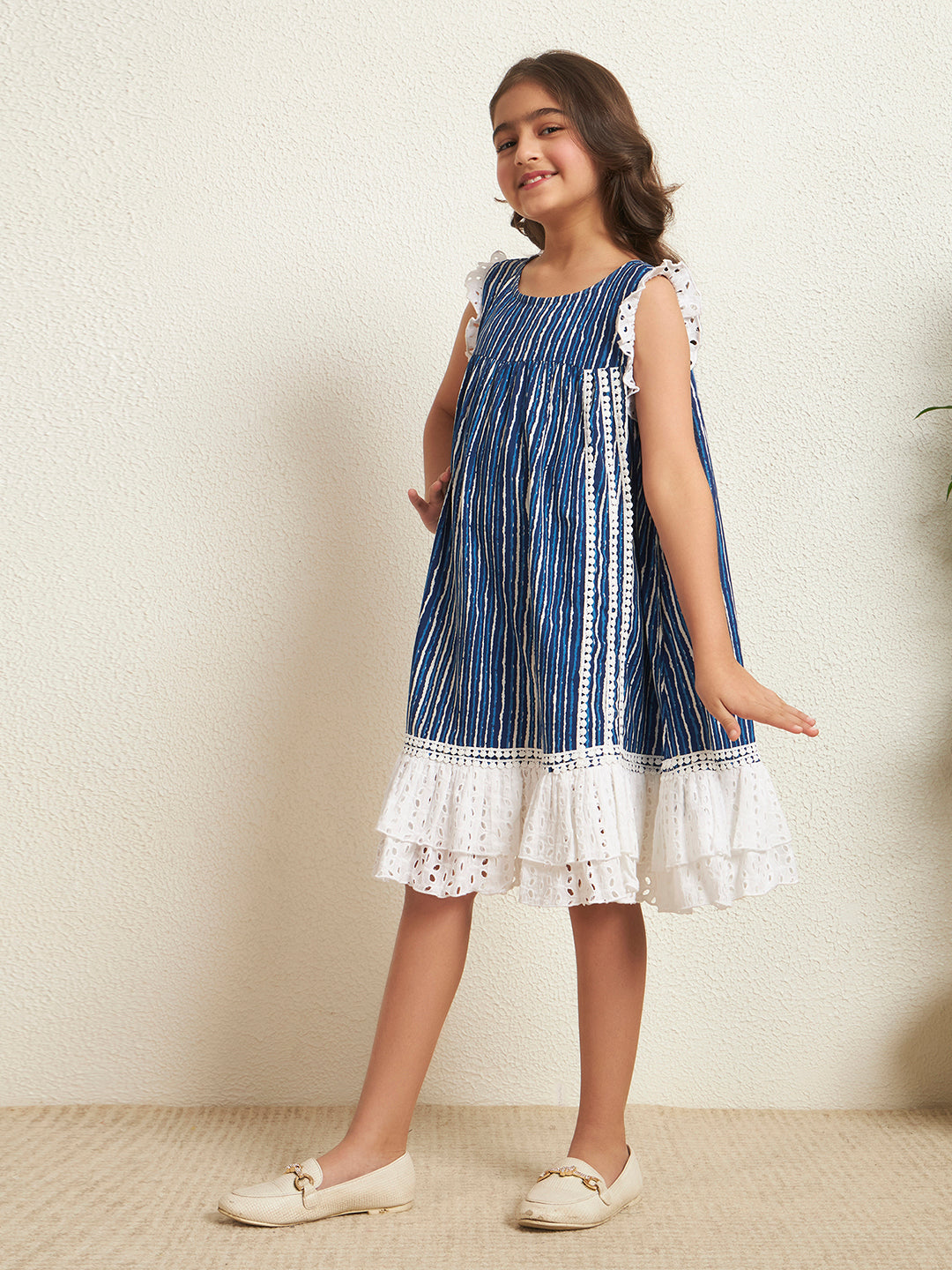 Girls Blue Striped A-Line Knee-Length Dress with White Schiffli Flared Hem