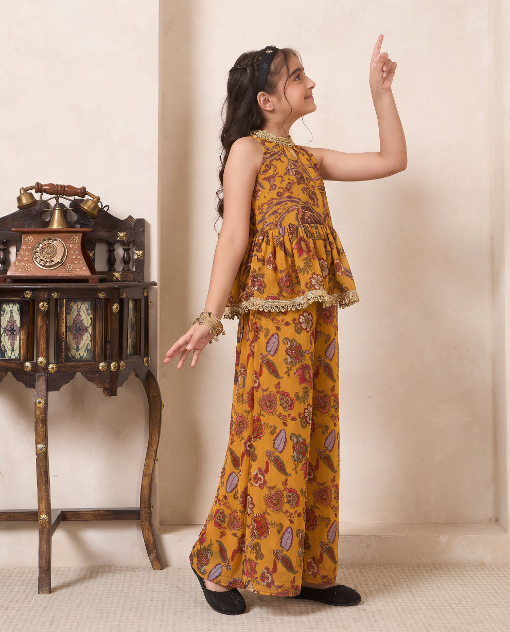 Girl's Mustard Paisley Print Chiffon Peplum Top & Palazzo Set