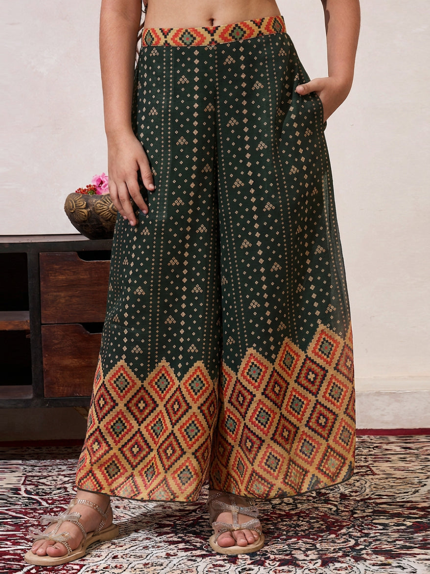 Girl's Black Bandhani Border Chiffon Peplum Top & Palazzo Set
