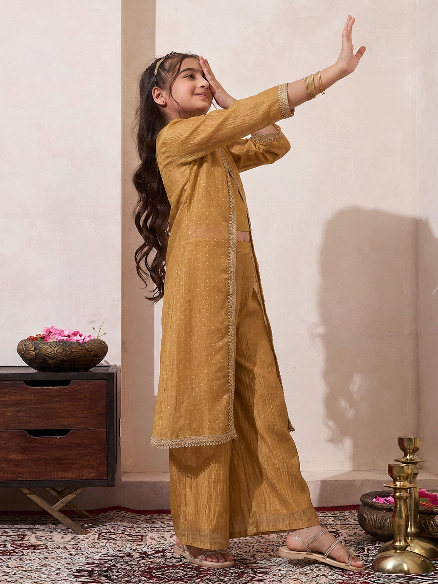 Golden Solid Shimmer Butta Shrug With Top & Palazzo Set
