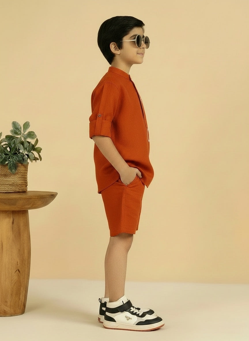 Orange Cotton  Mandarin Solid Short Kurta With Shorts Co-ord Set