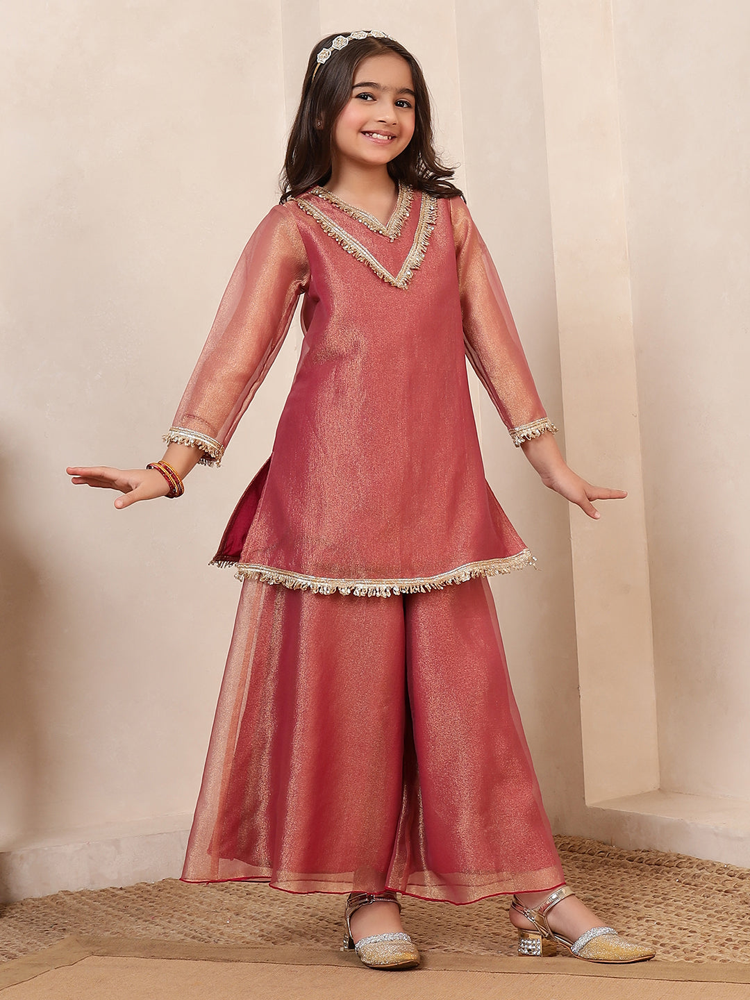 Peach Tissue 3 Pieces Co-Ord Set