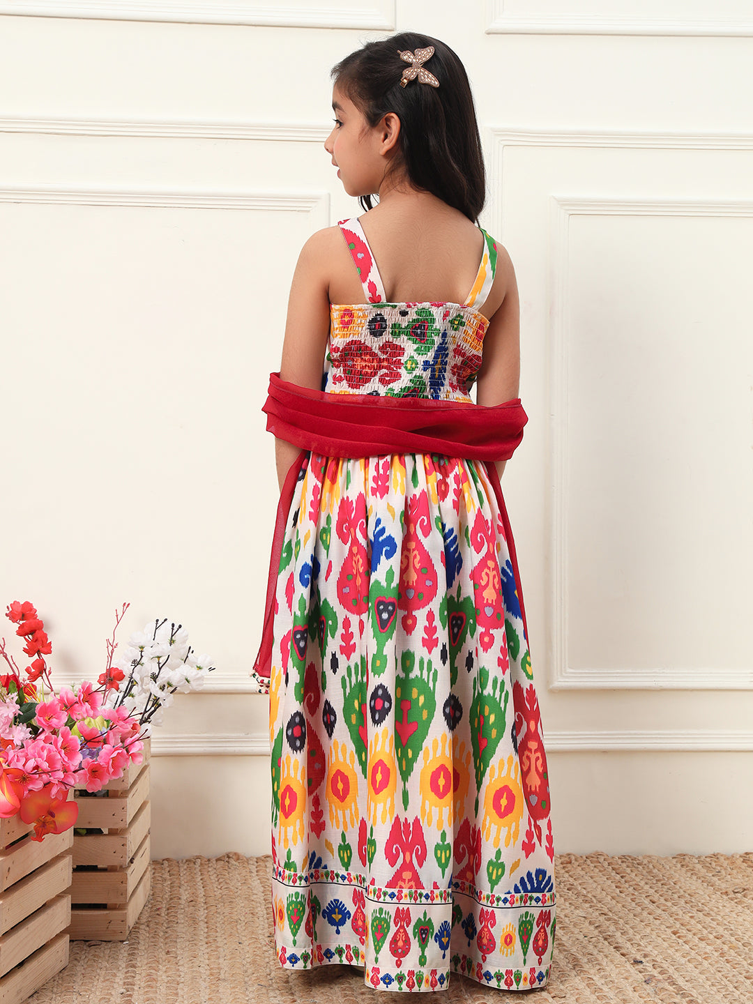 Muti Print Top With Skirt & Dupatta Girls Co-ord Set