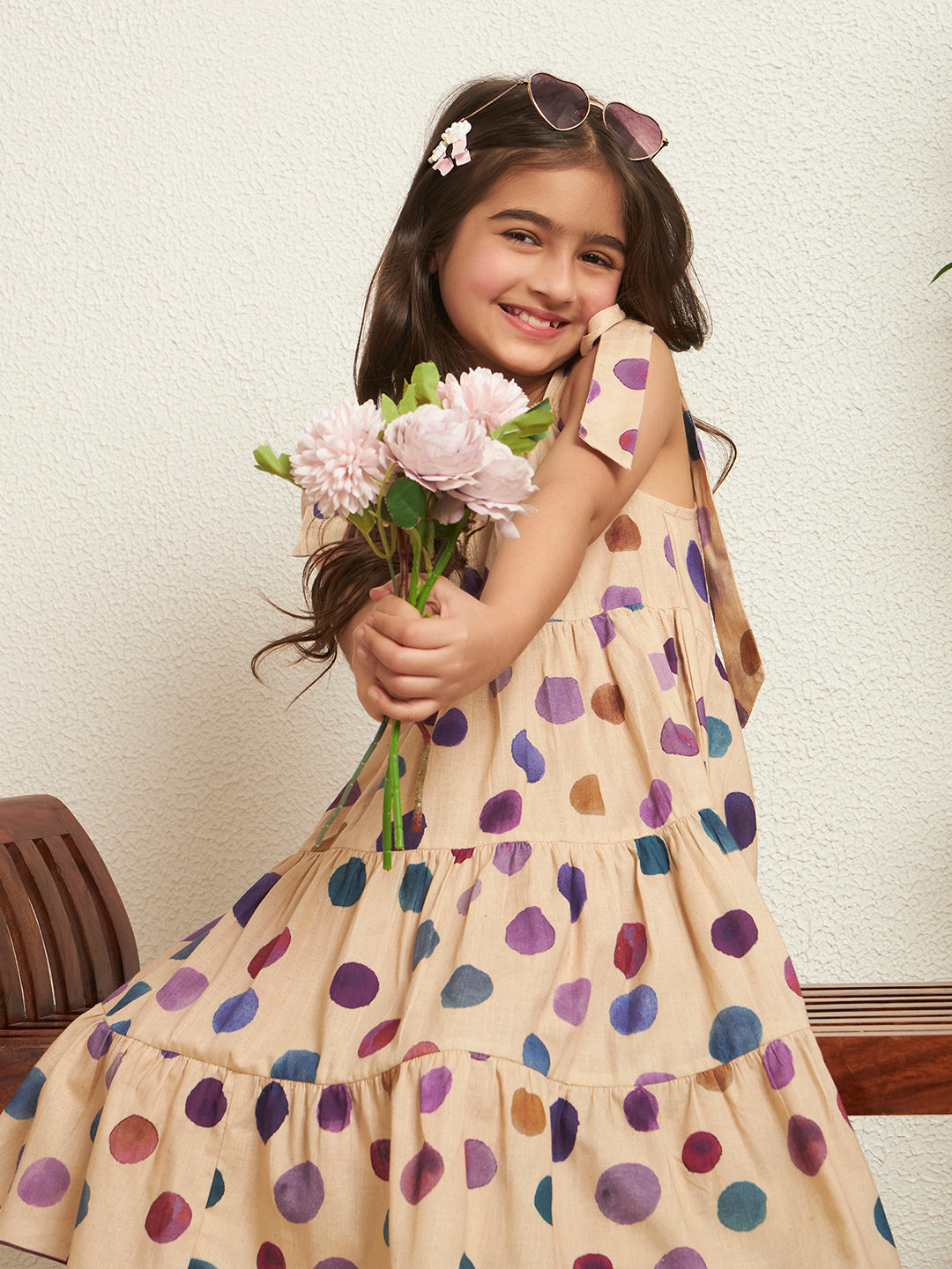 Girl's Multi Color Cotton Flex Polka Knot Tie-Up Style Dress