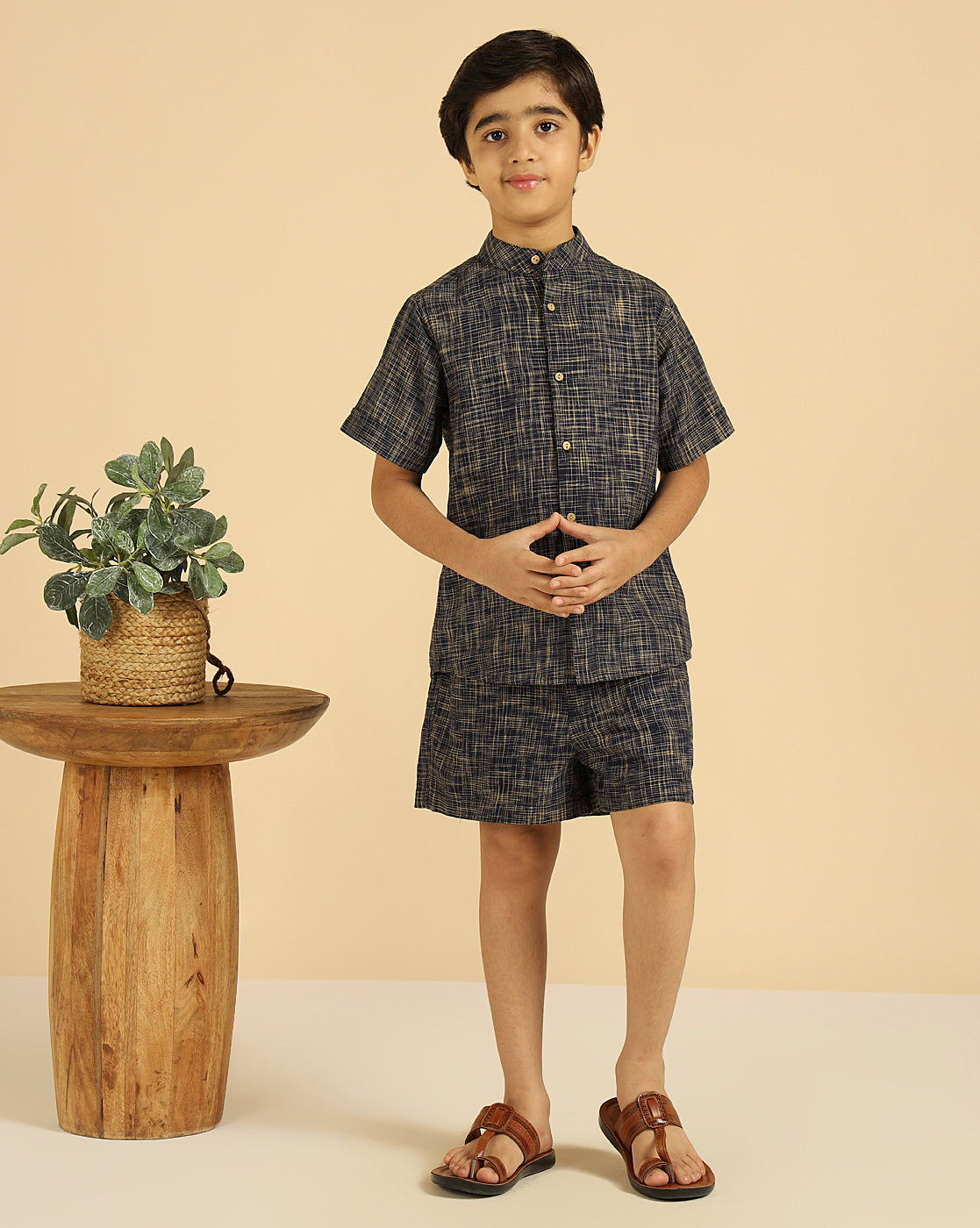 Navy Blue Pure Cotton Khadi Shirt With Shorts Boys Co-Ord Set