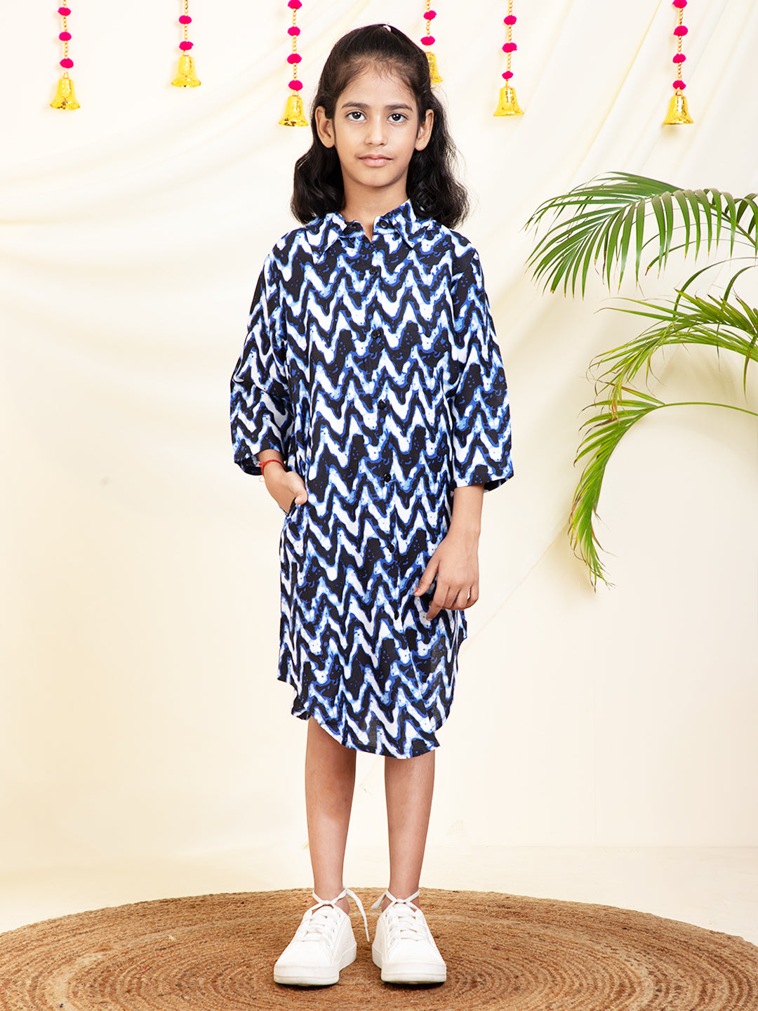 Zig-Zag Printed Girls Shirt Dress
