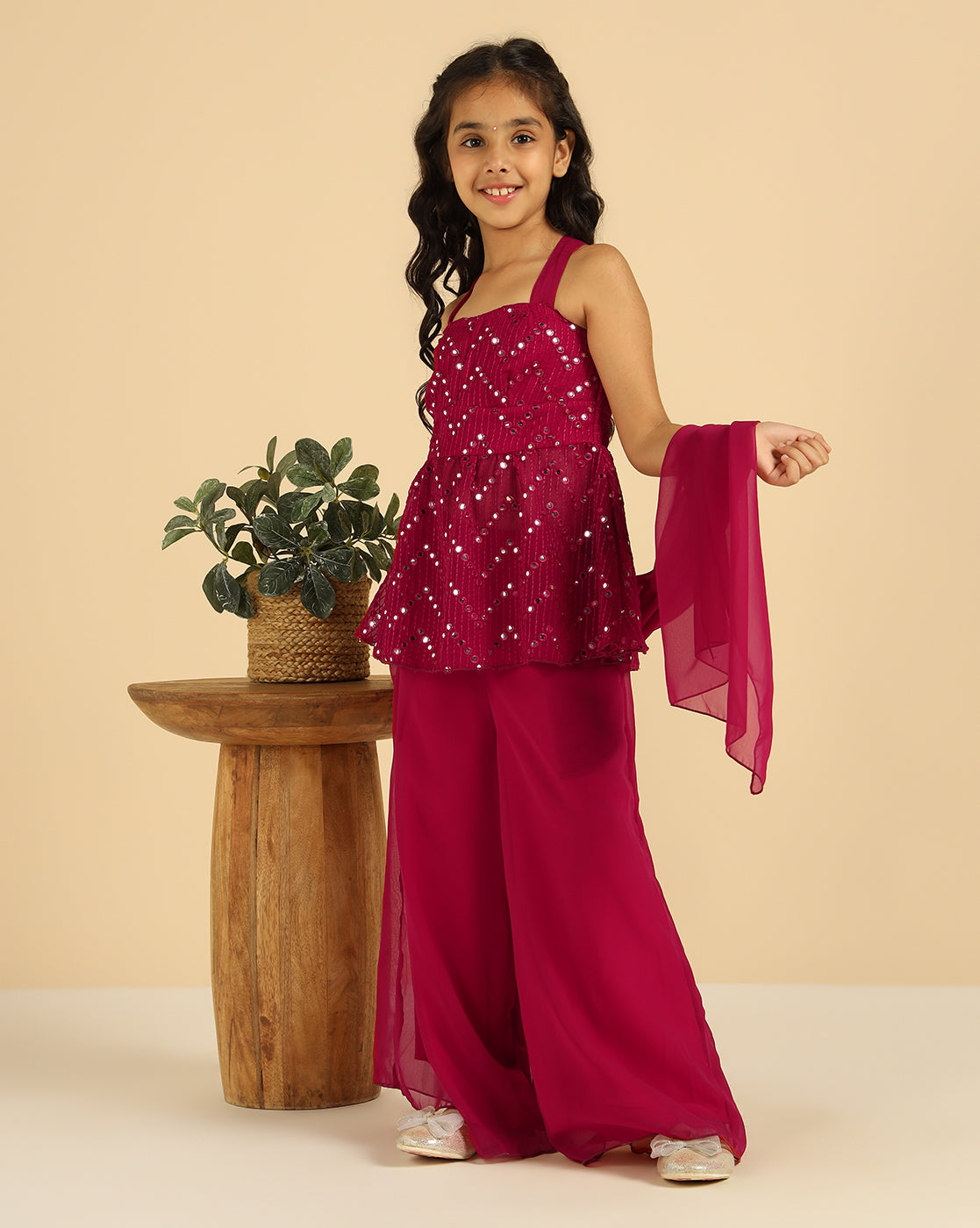Magenta Embroidered Indo Western Girls Co-Ord Set