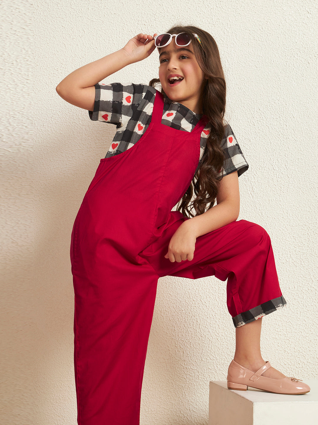Red Cotton Poplin Heart Print Check With Solid Pattern Girl's Jumpsuit Set