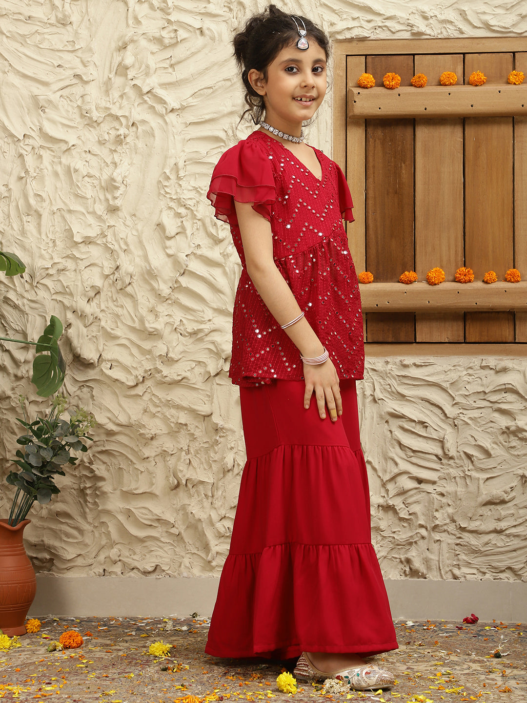 Pure Georgette Fusion Set With Bell Sleeves And Sharara