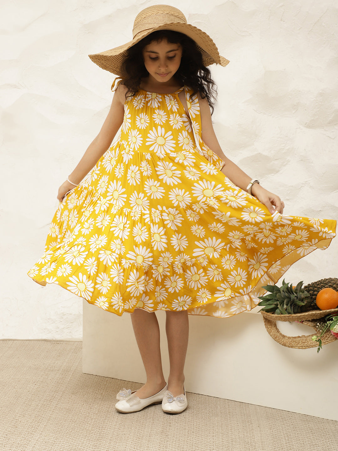 Adjustable Floral Pure Rayon Tiered Dress