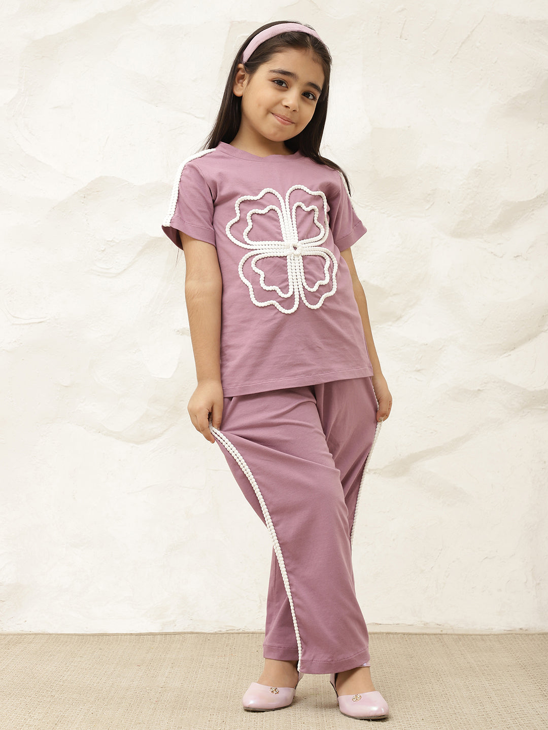 Lavender Pure Cotton Knit T-Shirt & Pants Co-Ord Set