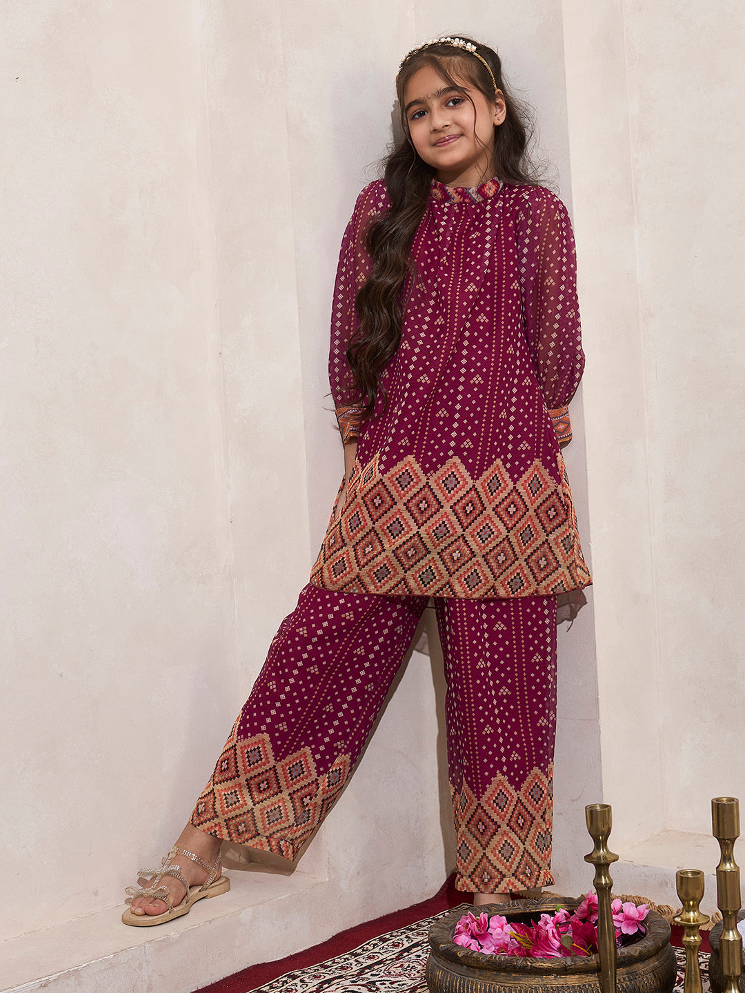 Wine B&hani Gathered Neck Kurta With Pant