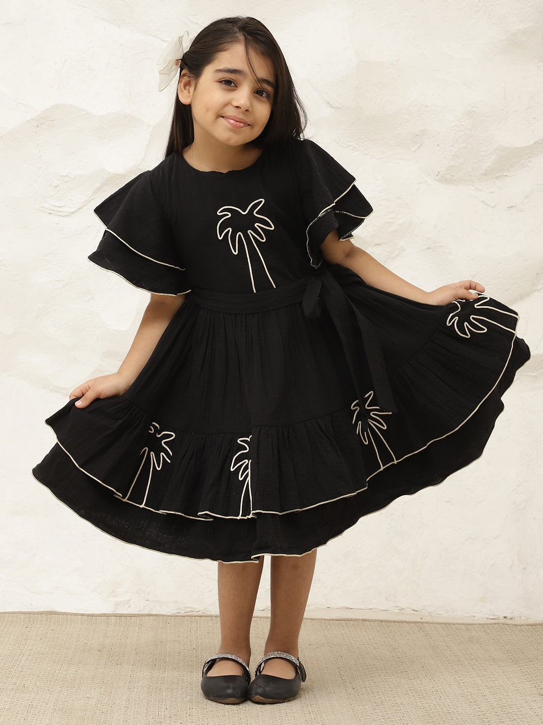 Embroidered Palm Motif Pure Cotton Gauze Dress For Girls