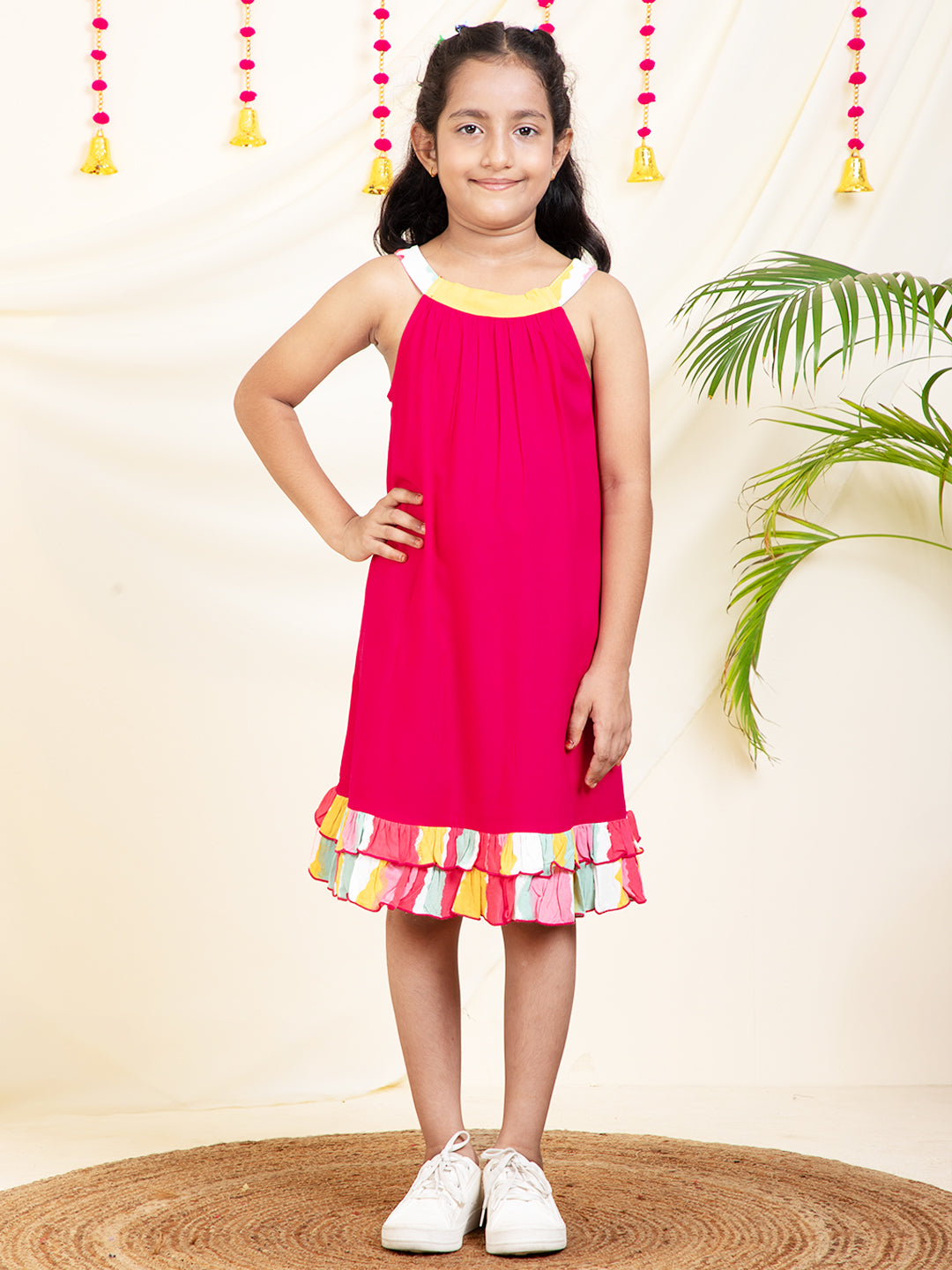 Solid Magenta Halter Neck Girls Dress