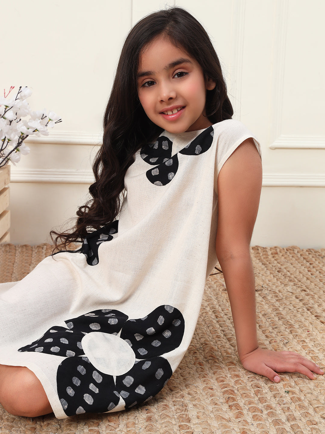 A-Line Dress with Polka Flower Motif