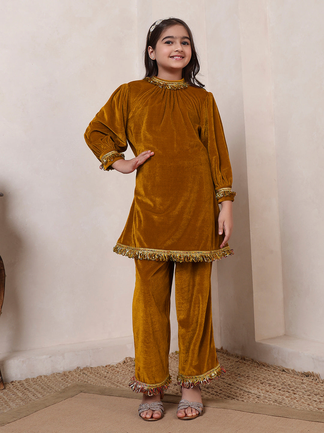 Mustard Velvet Band Collar Kurta Set