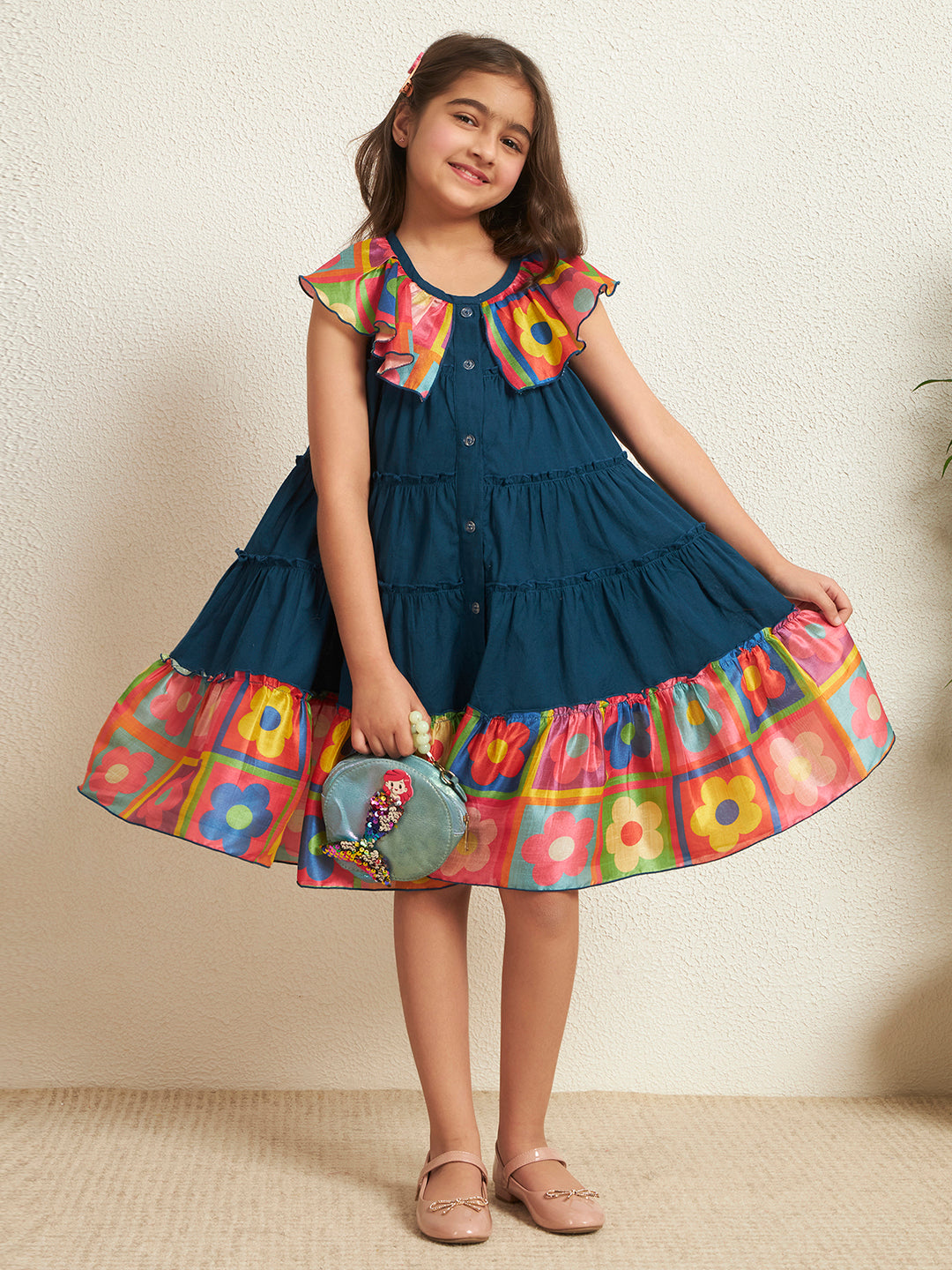 Girl's Teal Blue Cotton Flex Solid With Print Shirt Style Tiered Dress