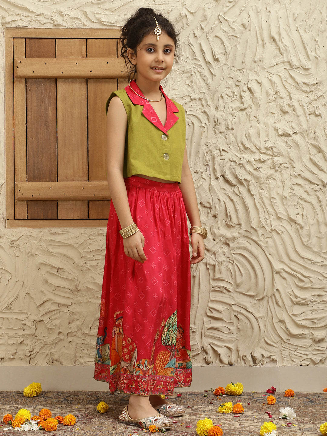 Solid Blazer With Printed Lehenga Set