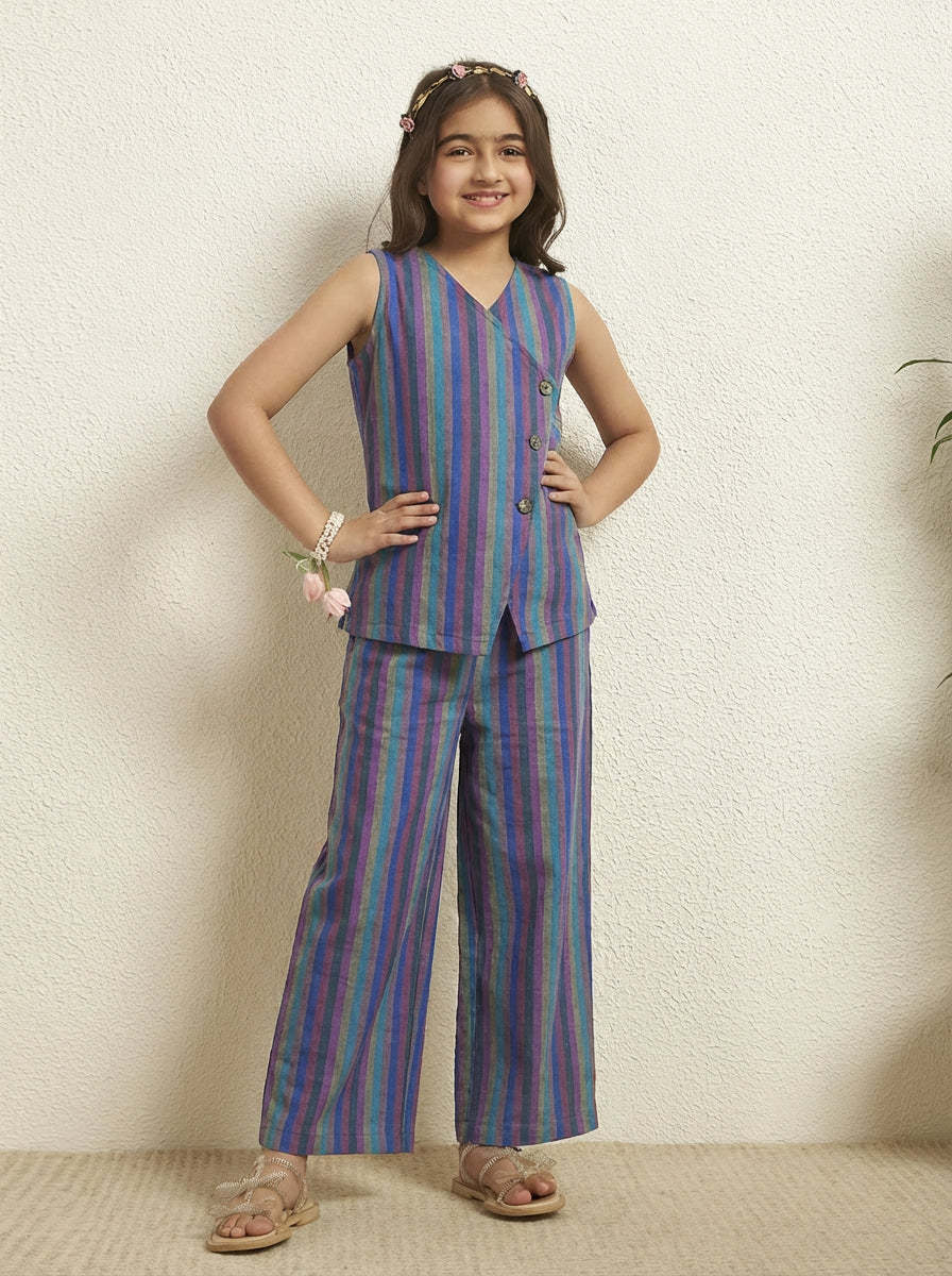 Girls Multicolor Cotton Blazer With Pant Co-Ord Set