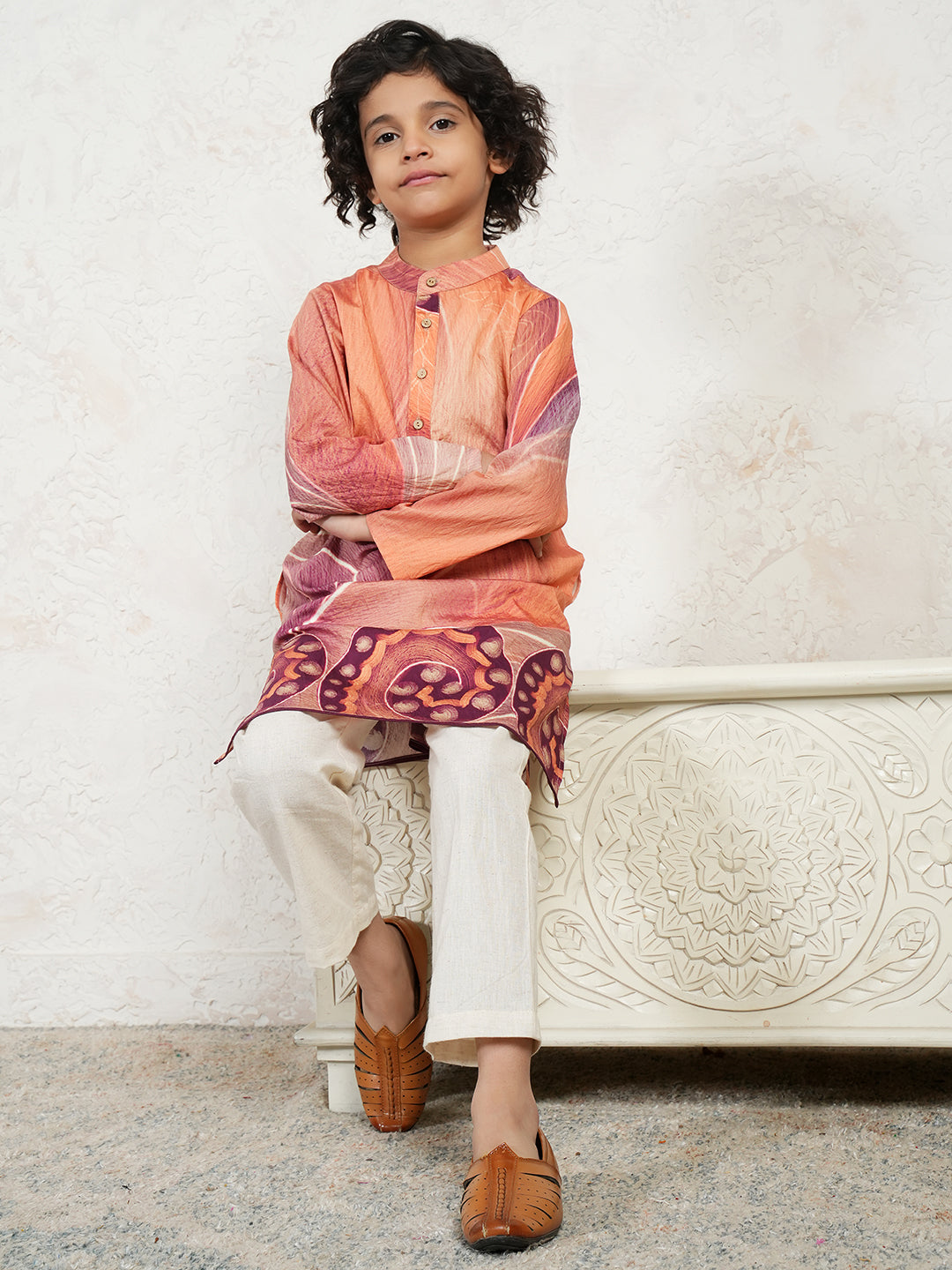 Abstract Print Peach Kurta For Boys