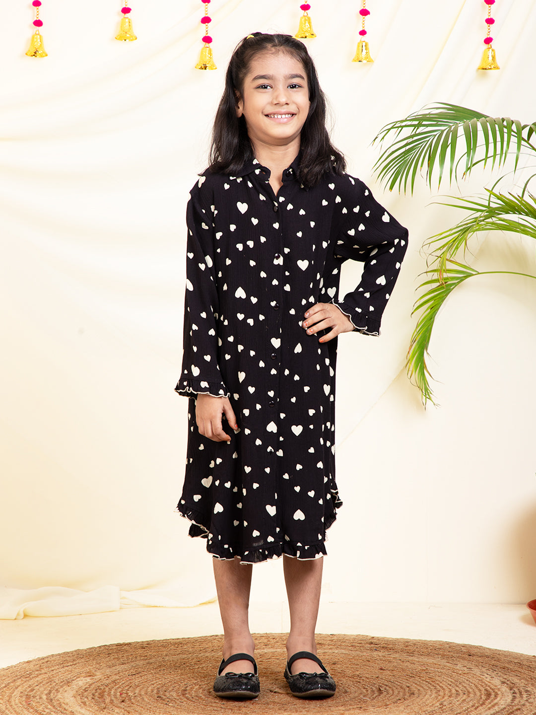 Heart Printed Girls Shirt Dress With Frill
