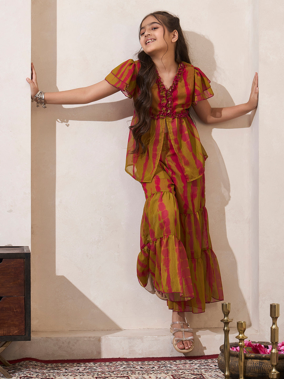 Tie-Dye Print Front Slit Top With Sharara