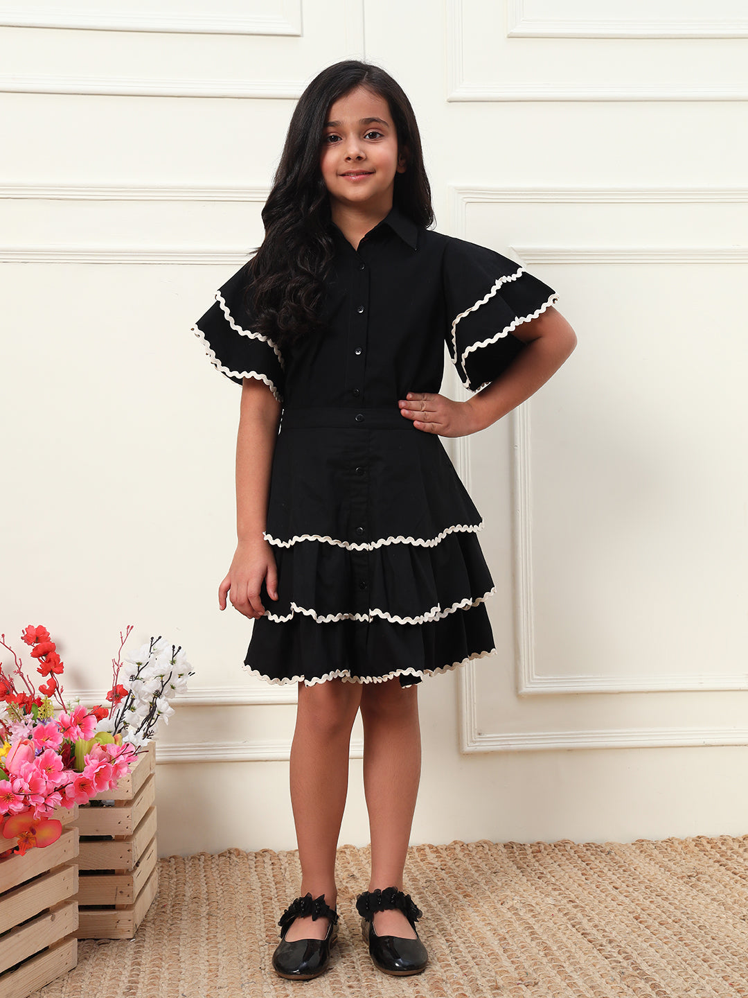 Border Lace Solid Shirt With Layered Skirt Girls Co-ord Set