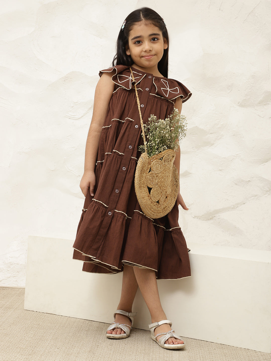Pure Cotton Brown Embroidered Tiered Dress