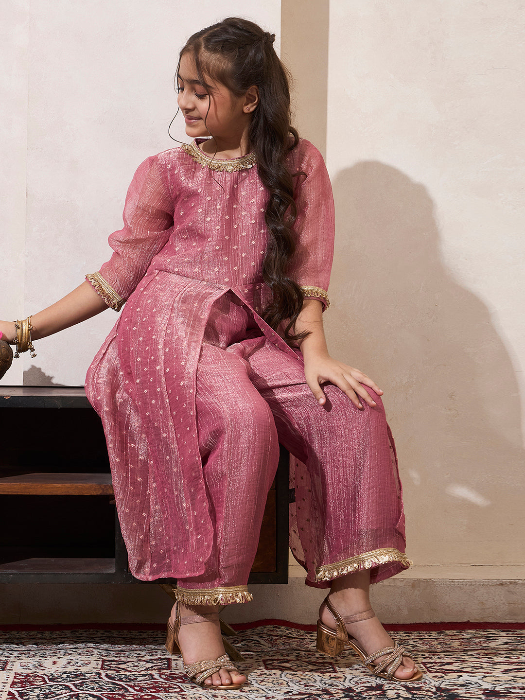 Girl's Pink Shimmer Butti Work Long Kurta & Pant Set