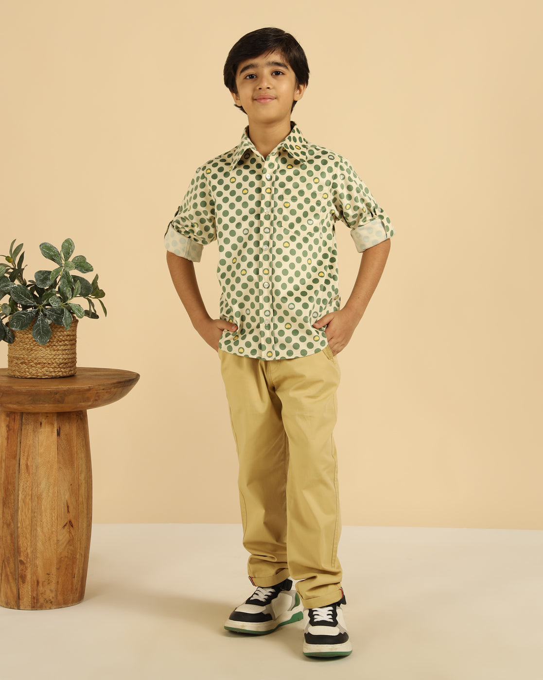 Green Pure Cotton Corduroy Polka Boys Shirt