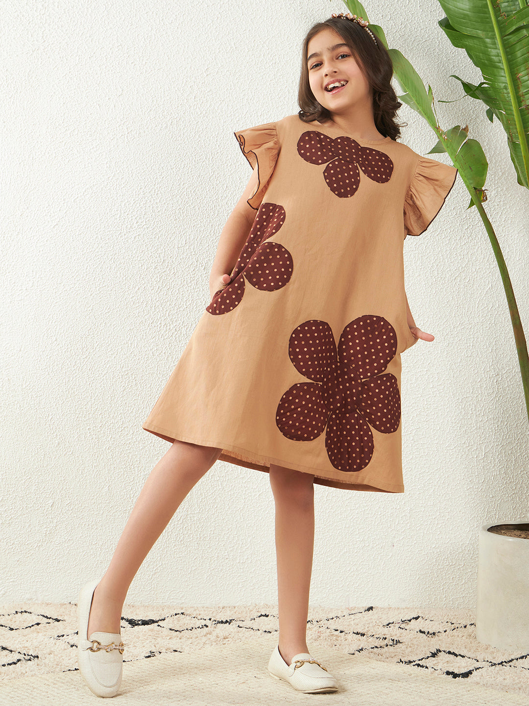 Girls Beige Cotton Flex A-Line Dress Floral Patch Dress