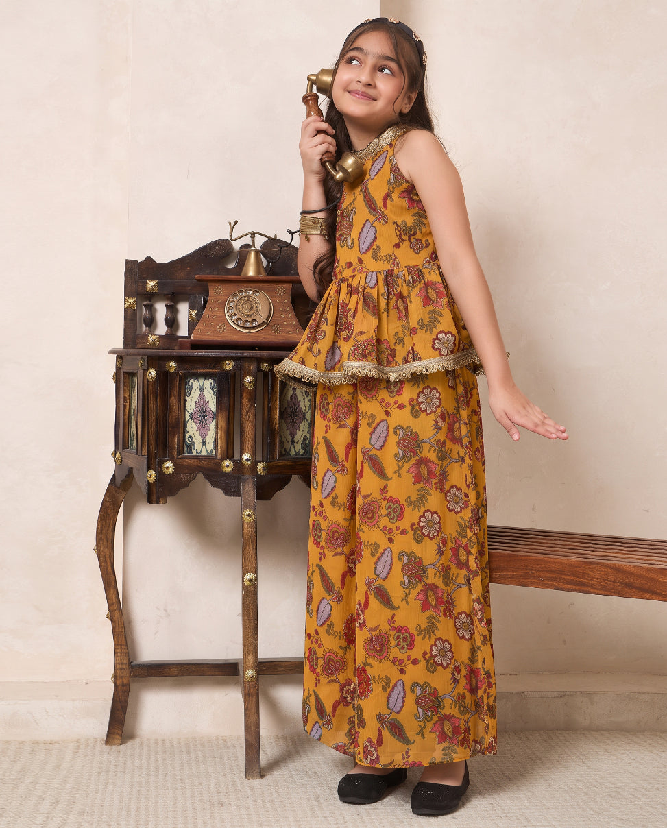 Girl's Mustard Paisley Print Chiffon Peplum Top & Palazzo Set