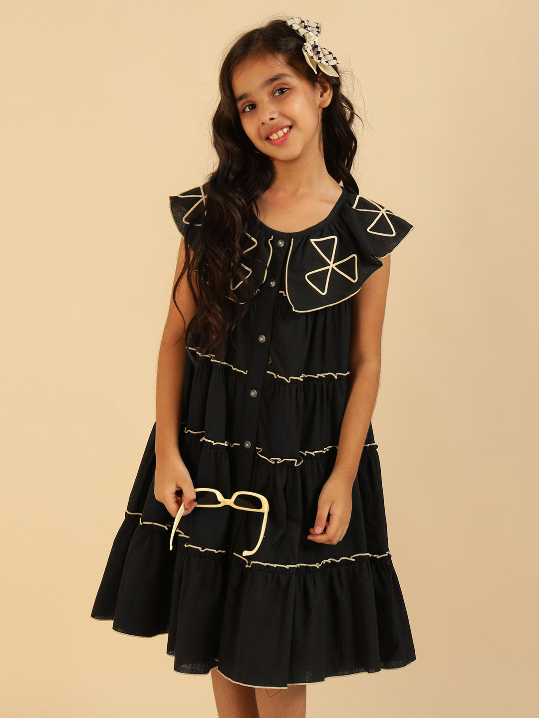 Pure Cotton Black Embroidered Tiered Girls Dress