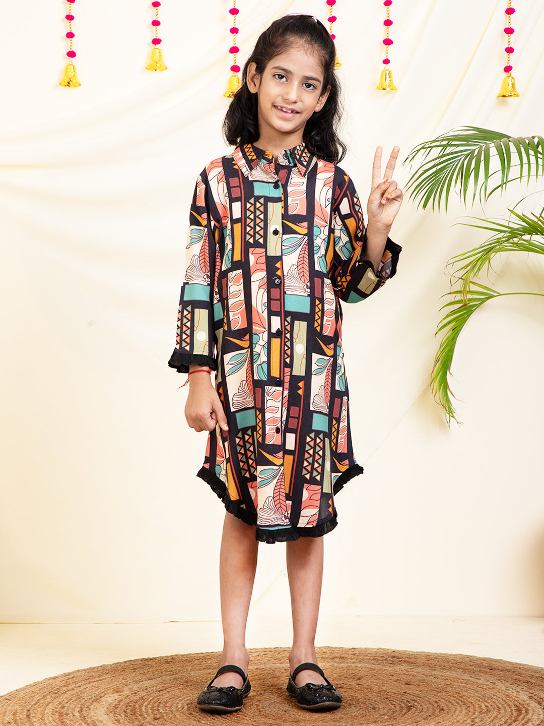 Abstract Printed Girls Shirt Dress With Frill
